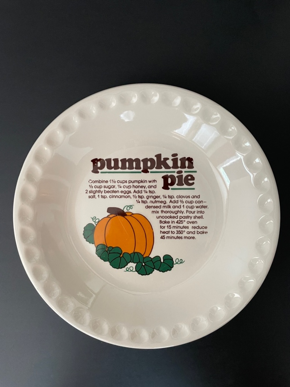 Vintage Ceramic Pumpkin Pie Recipe Plate Whimsical Fun Orange Pumpkin Design
